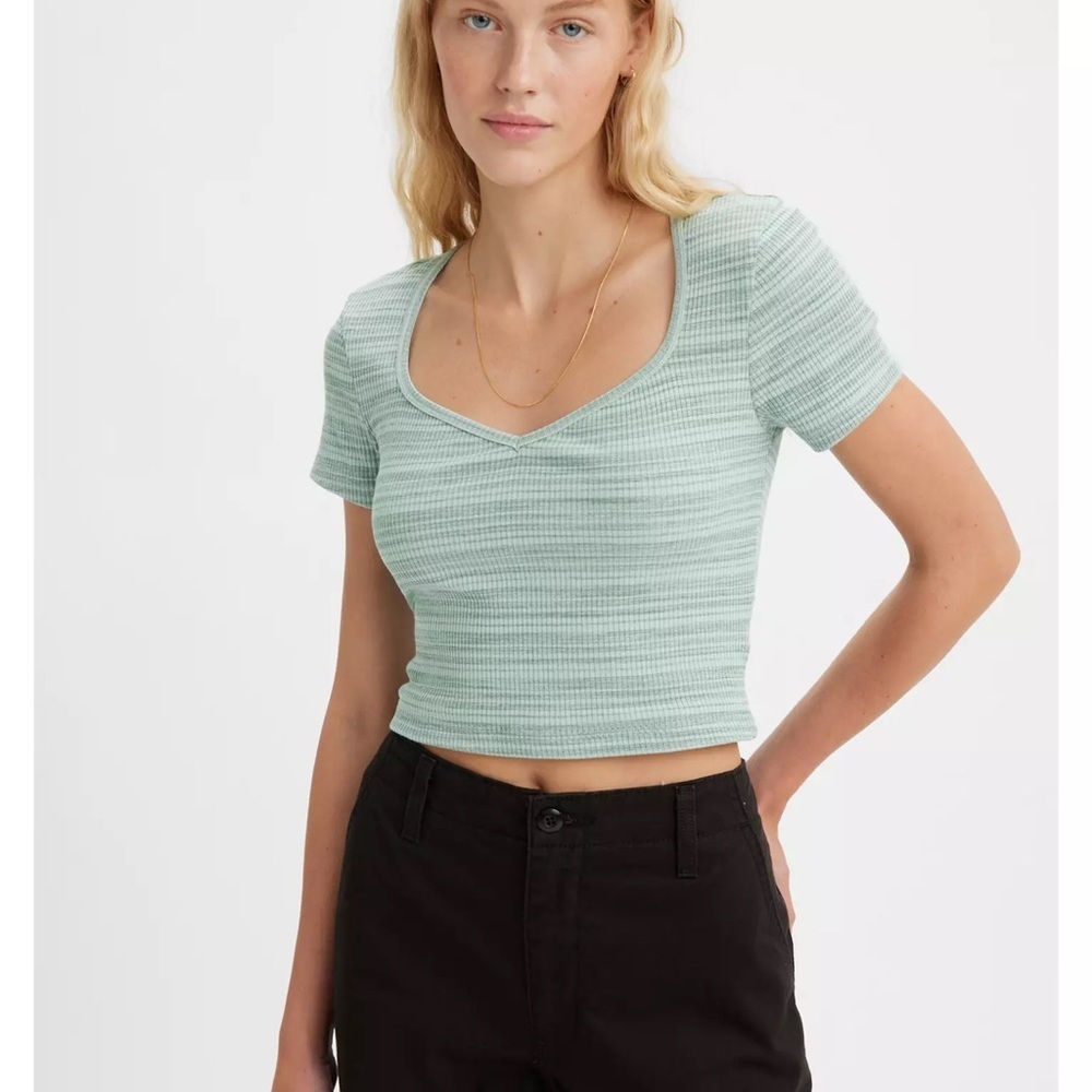 *LEVIS* Light Green Striped Carrie Sweetheart Short Sleeve Top Size Medium